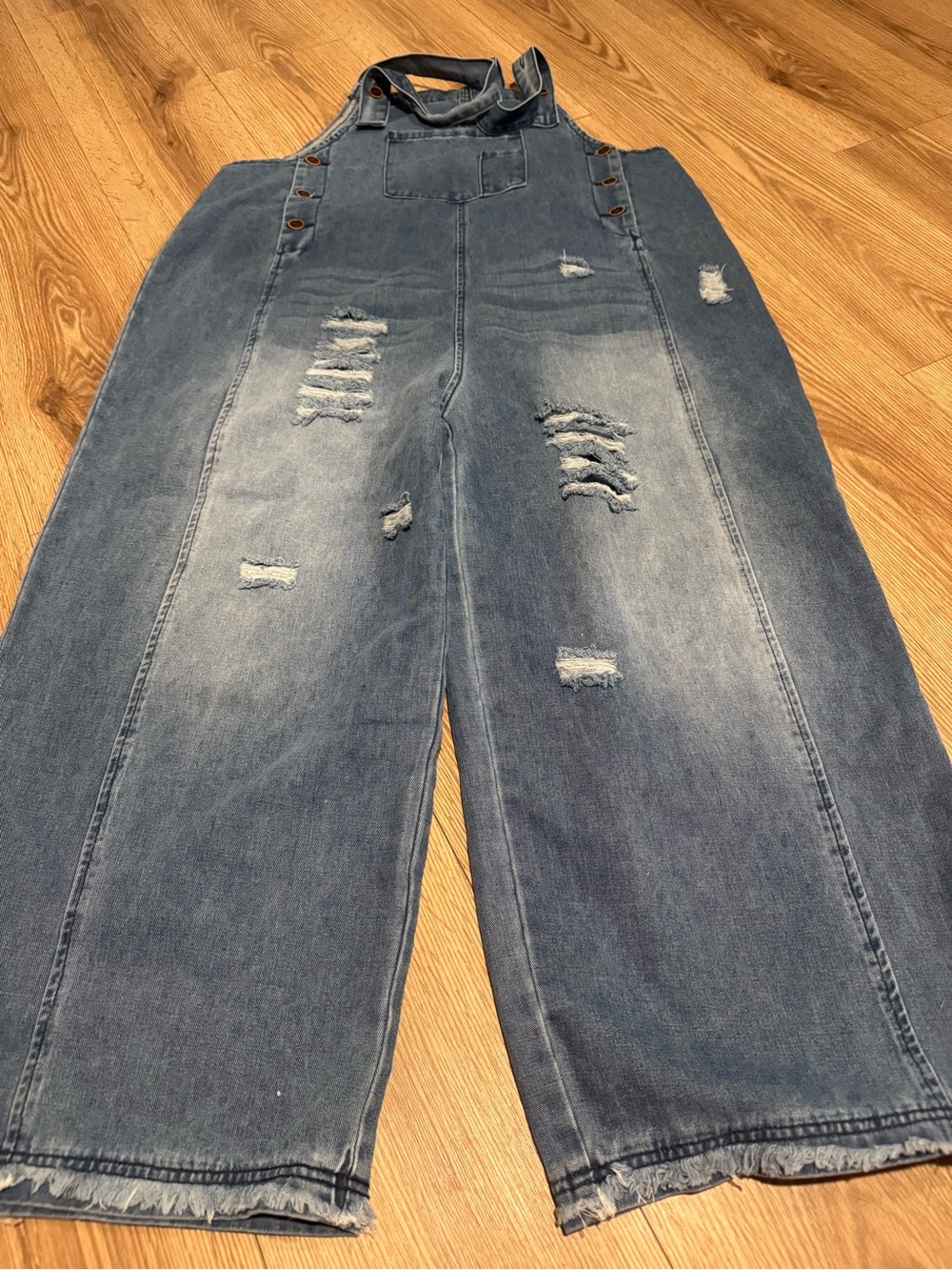 Denim Wide-Leg Distressed Overalls - Blue